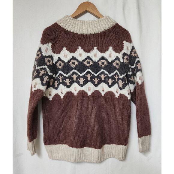 Sm Aerie Women's Fair Isle Crewneck Wool Blend Knit Sweater Brown Beige Pullover - Picture 3 of 5